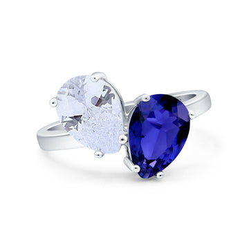Teardrop Pear Art Deco Wedding Ring Simulated Blue Sapphire CZ 925 Sterling Silver